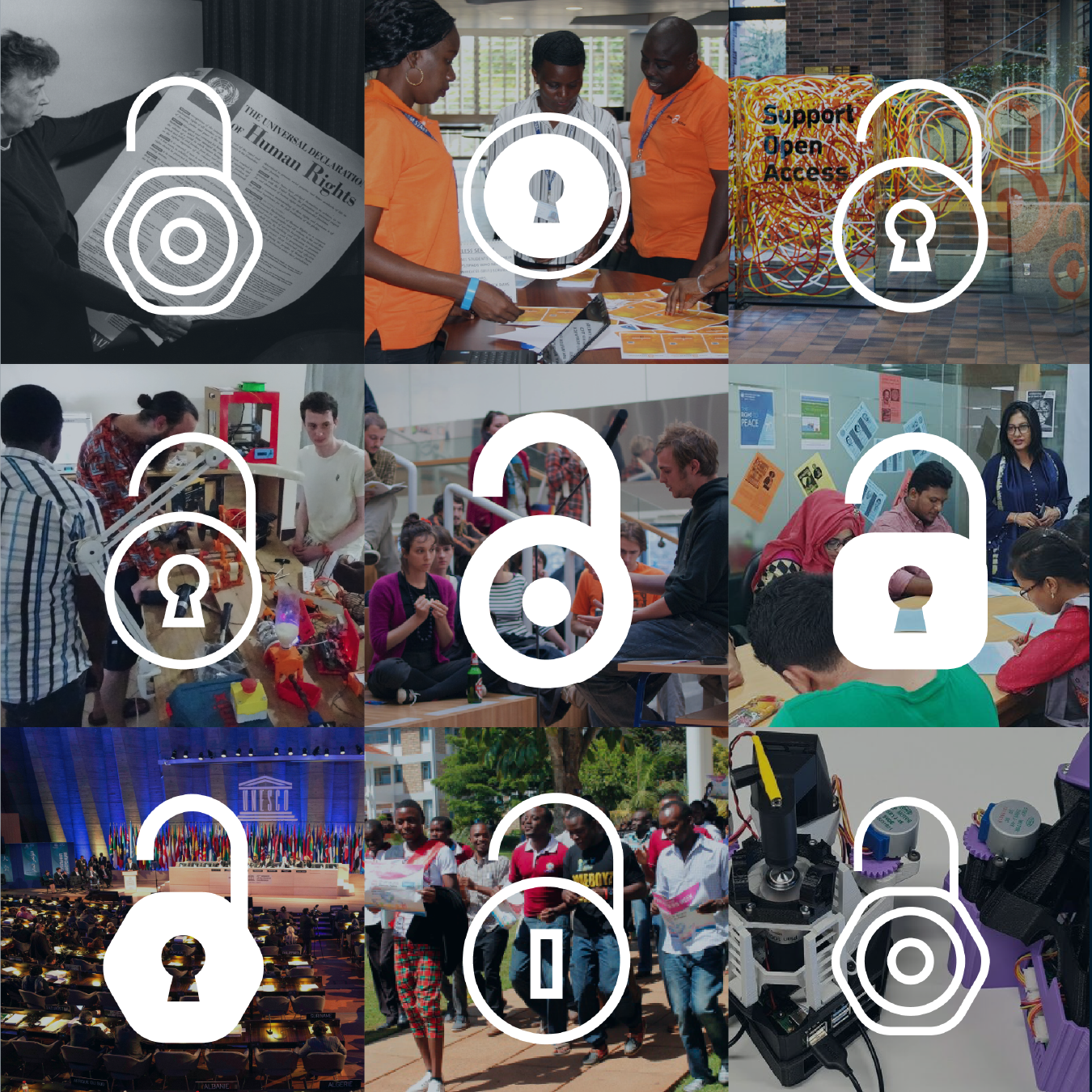 Grid of photos with overlay of icons of open padlocks