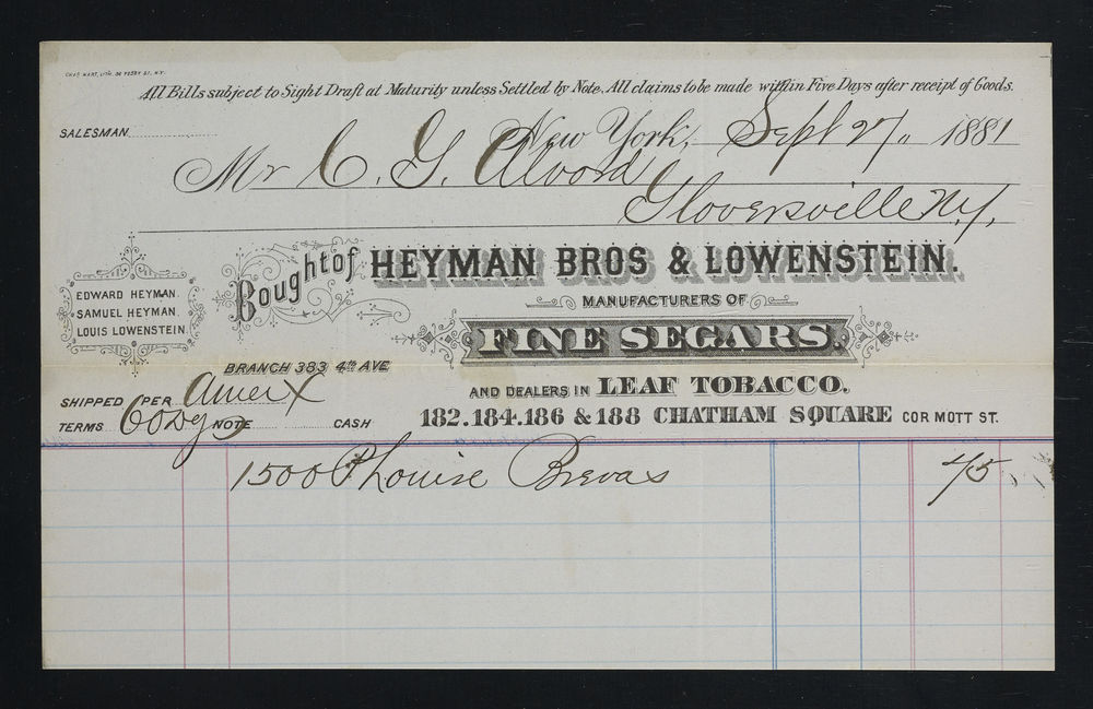 Billhead; Heyman Brothers and Lowenstein; New York, New York, United States; 1881 September 27