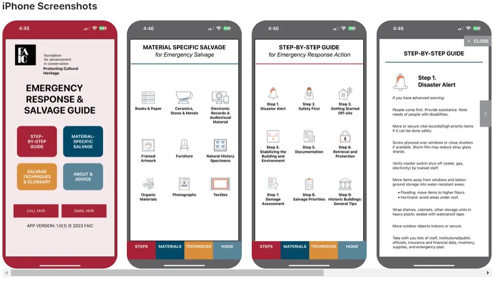 The image displays four screenshots of an app called Emergency Response & Salvage Guide. The first screenshot shows the home screen. The second screenshot presents a section titled Material Specific Salvage for Emergency Salvage. The third screenshot outlines a step-by-step guide for Emergency Response Action. The fourth screenshot provides detailed information on Step 1: Disaster Alert from the step-by-step guide including advanced warning procedures and immediate actions to be taken during a disaster.