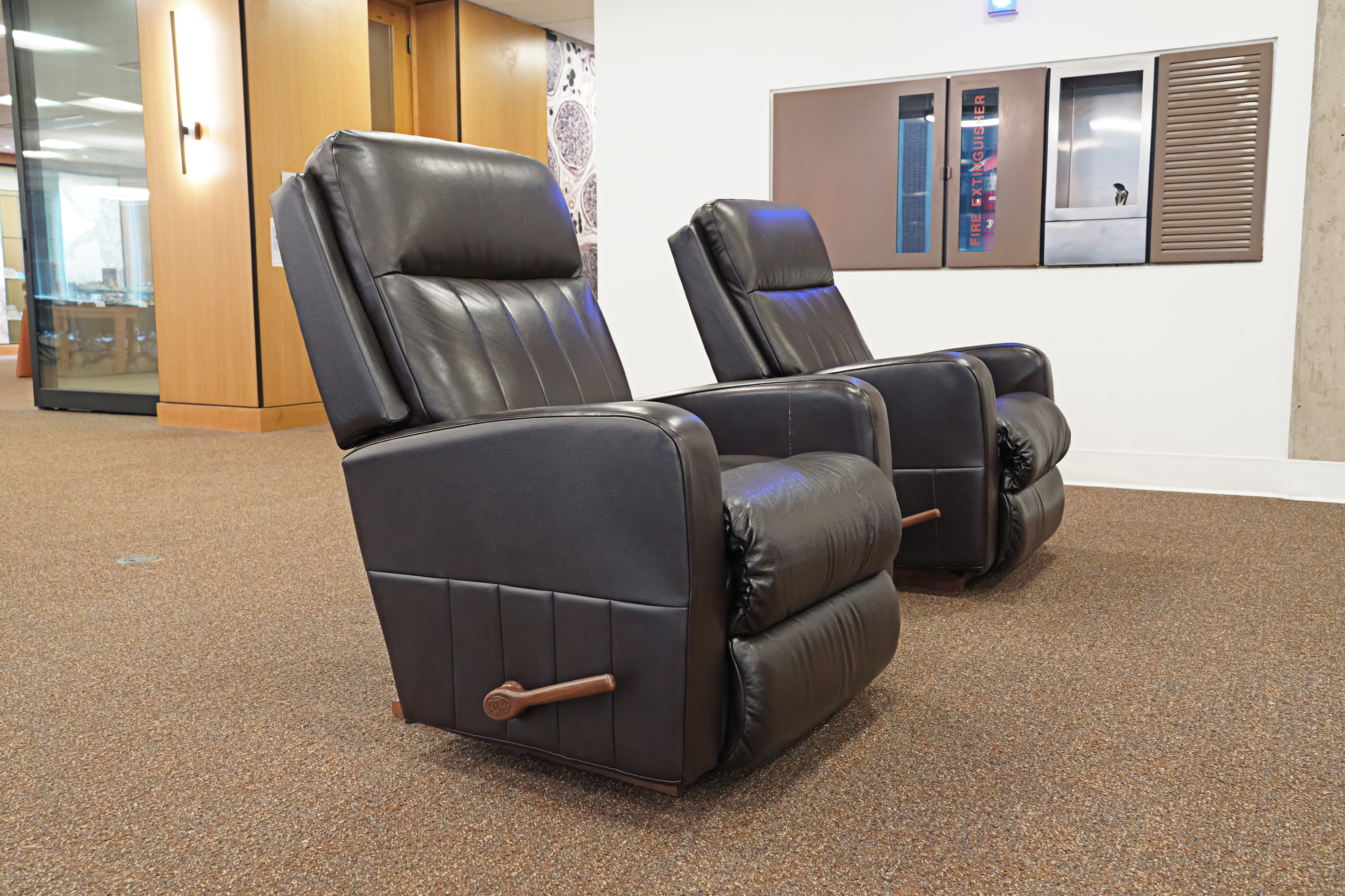Two leather recliners side by side.