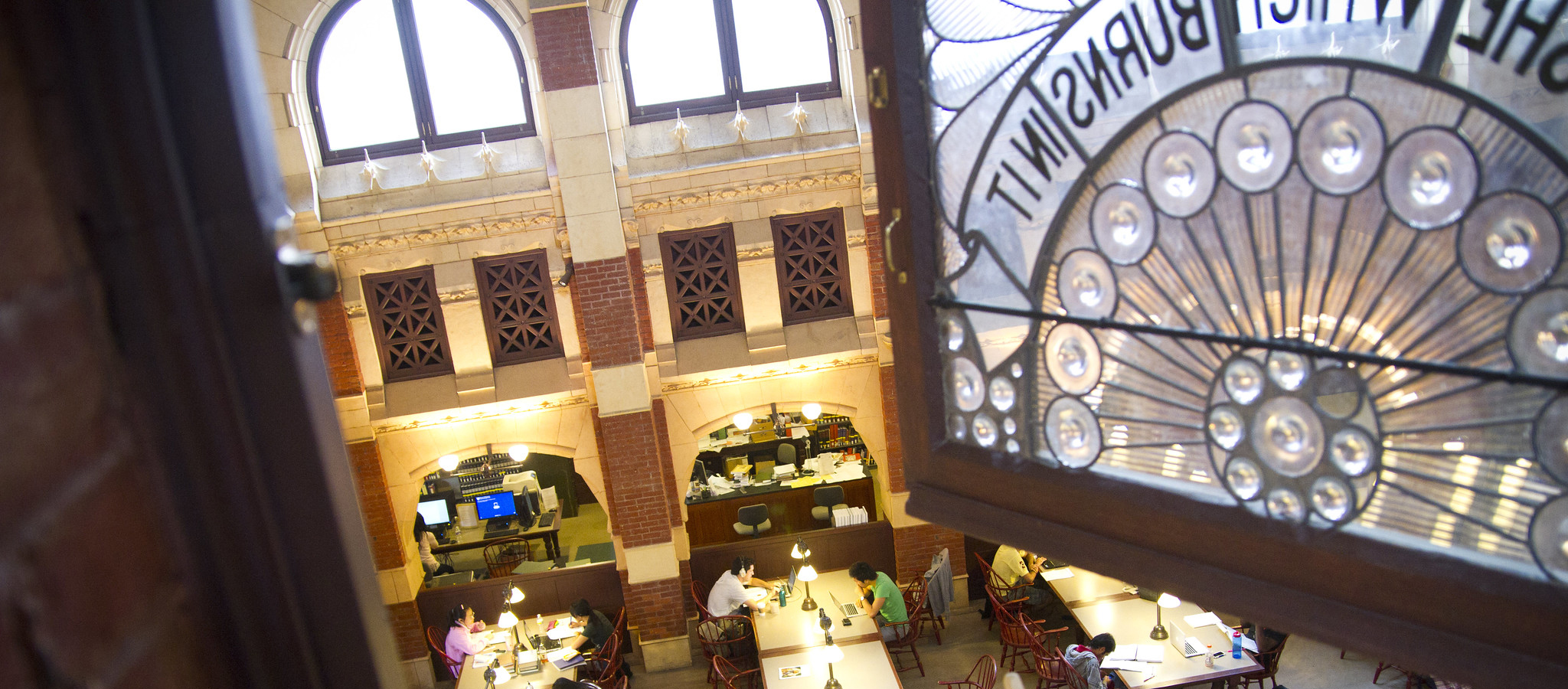 A view from above into the reading room of Fisher Fine Arts Library