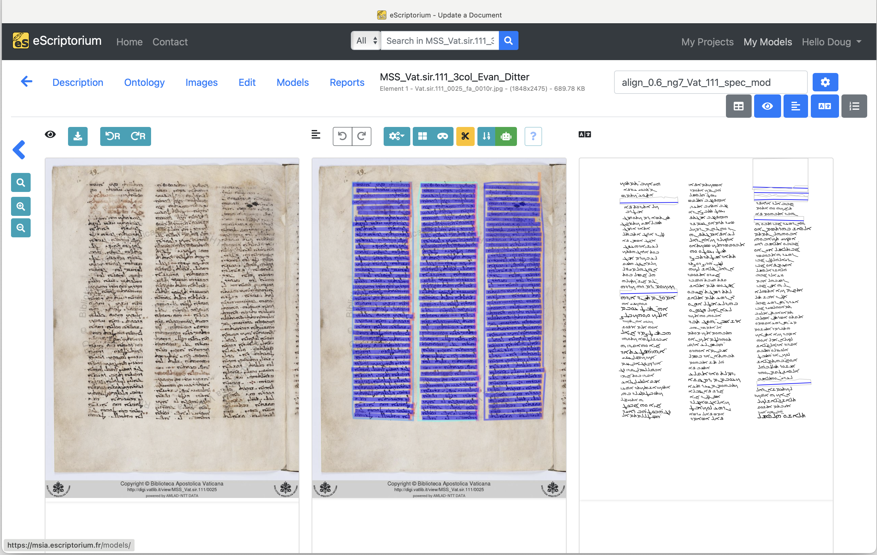 platform with 2 images of a manuscript page wit 3 columns of text and the text extracted