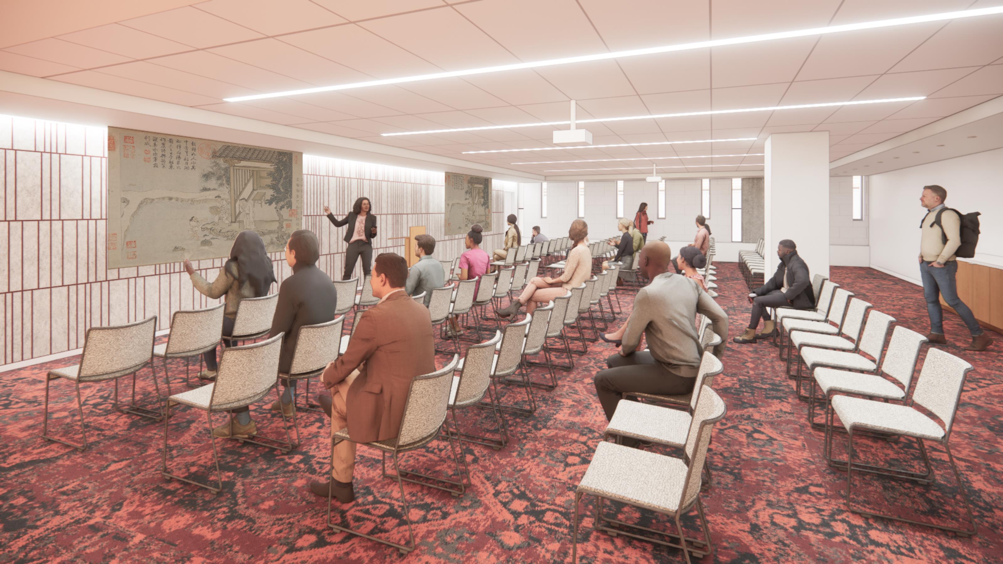 Architectural rendering of an event space with classroom-style seating
