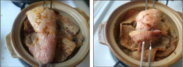 Two photos side by side, each showing a clay pot on on a kitchen table with bread inside. A piece of cooked chicken on a metal skewer is suspended over the pot.