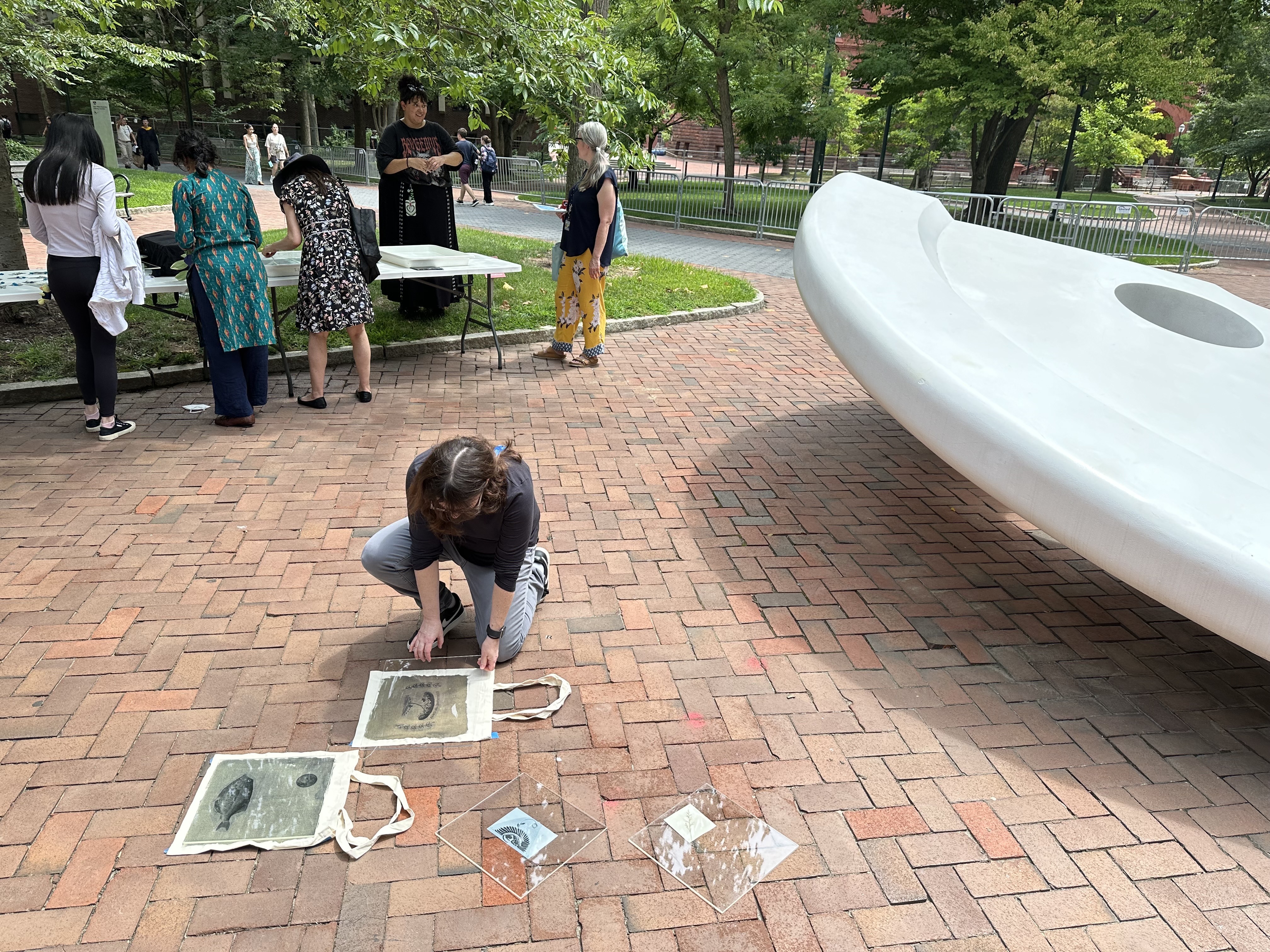 Exposing cyanotype prints on the ground in front of Van Pelt Library