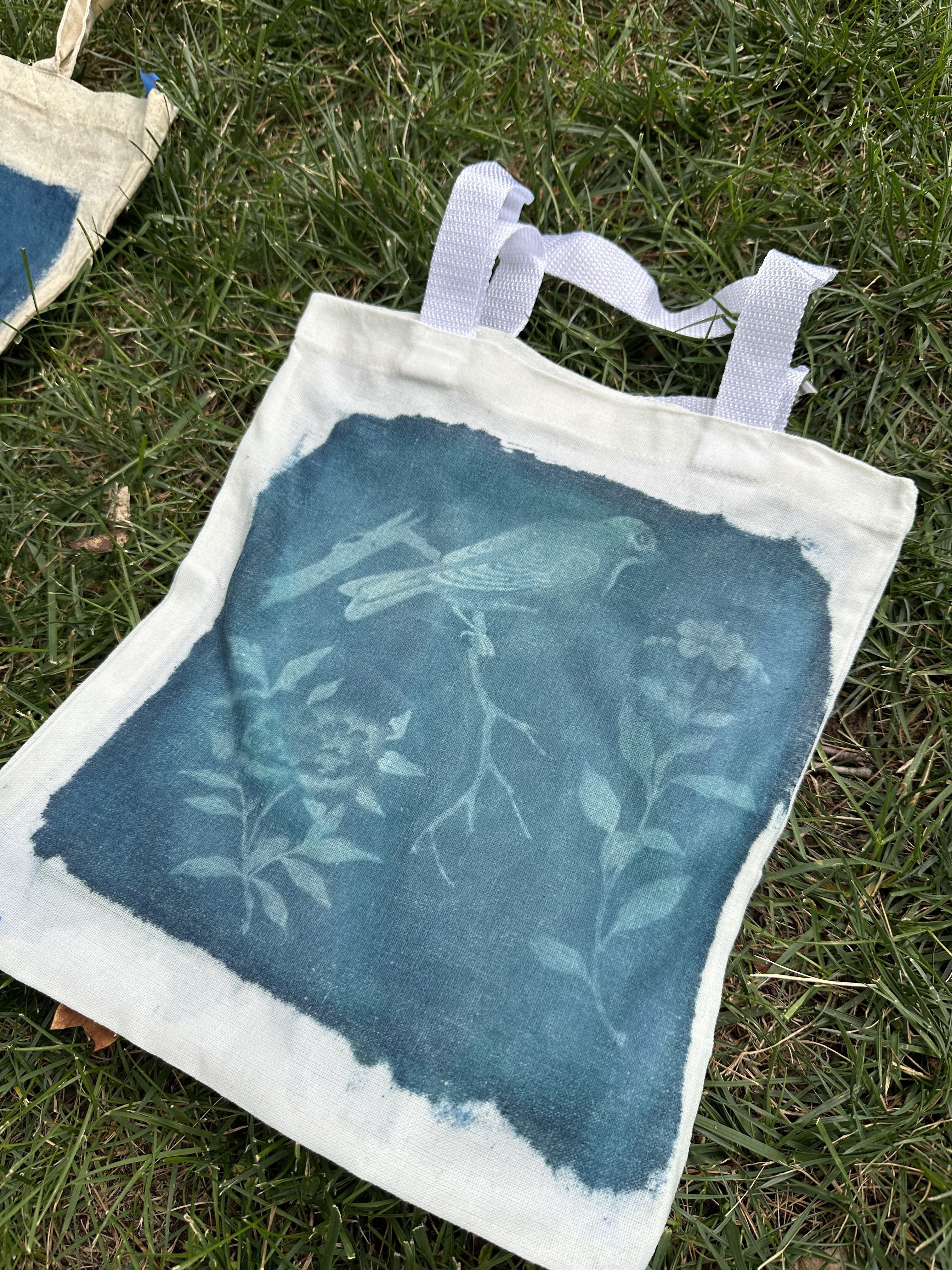 Fabric bag with Cyanotype of bird and flowers