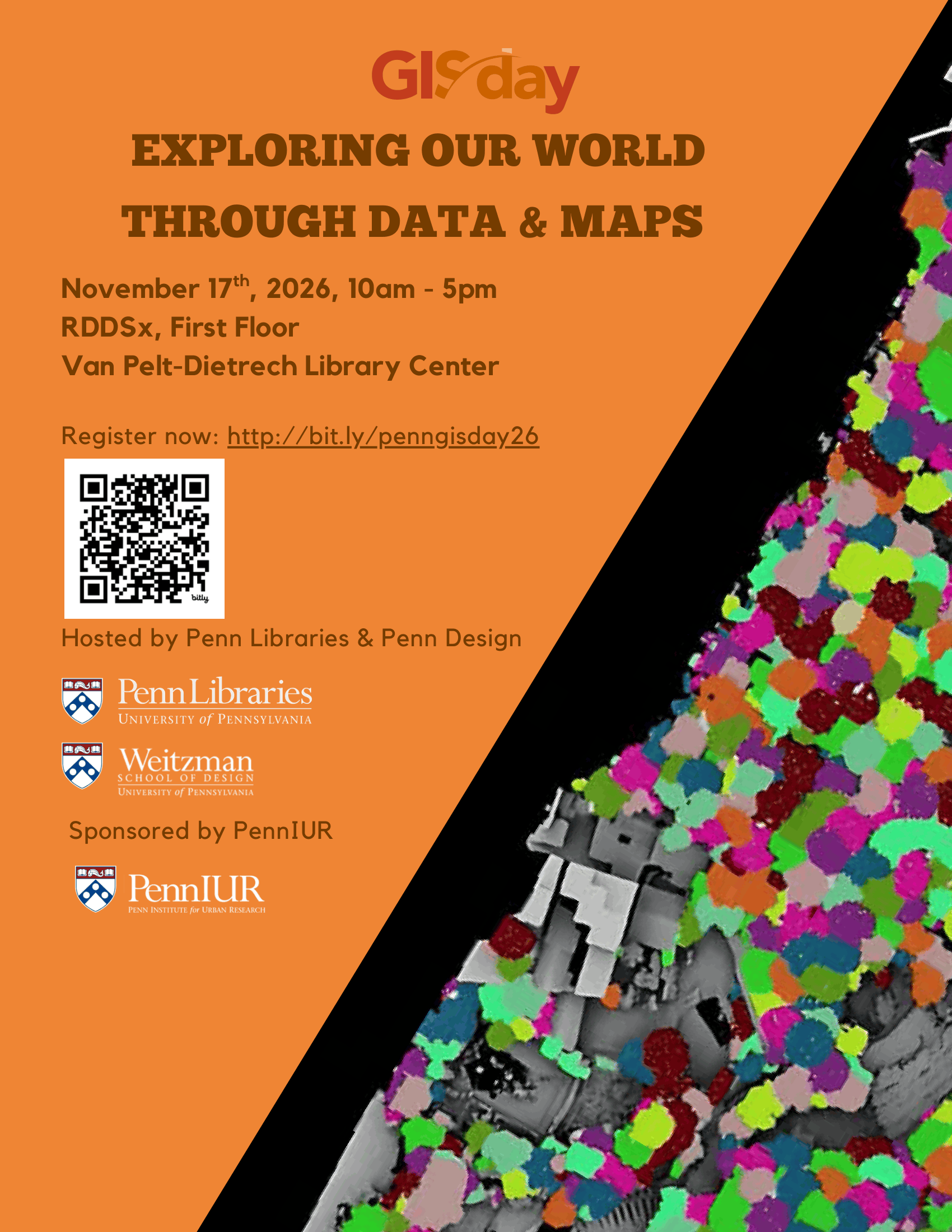 Promotional poster for GIS Day 2026. The title reads "Exploring our world through data & maps"