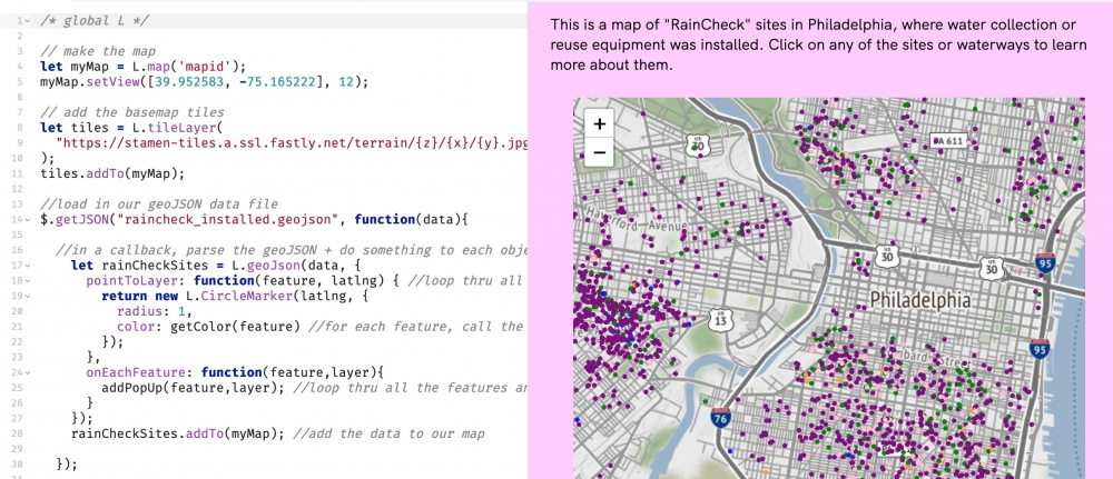 Screenshot of the workshop exercise. on the left is the javascript code written to produce the map on the right, which shows colorful dots on a map of Philadelphia representing rainwater collection sites.