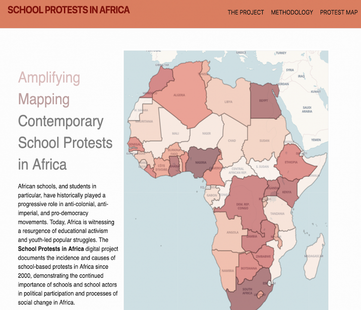A screenshot of the homepage of the "School Protests in Africa" project