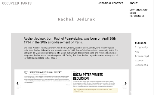 Wireframe for Rachel Jedinak's Occupied Paris site page, used as a prototype for the rest of the individual story pages